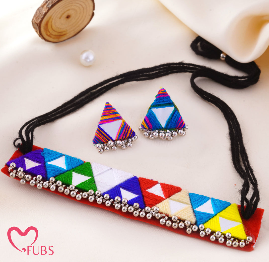 Thread Wrapped Triangle Mirror Choker With Beaded Fringe Earrings