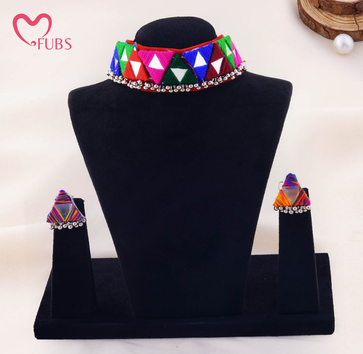 Thread Wrapped Triangle Mirror Choker With Beaded Fringe Earrings