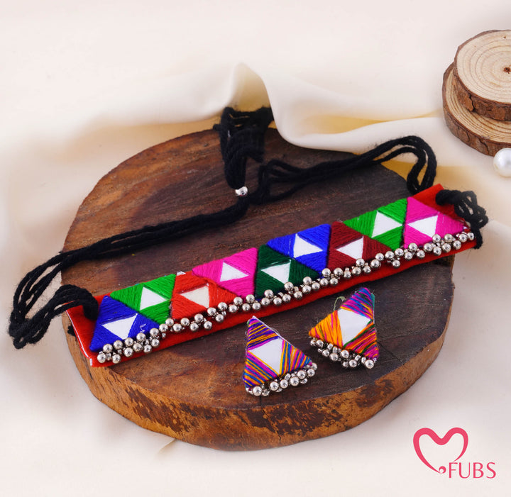 Thread Wrapped Triangle Mirror Choker With Beaded Fringe Earrings