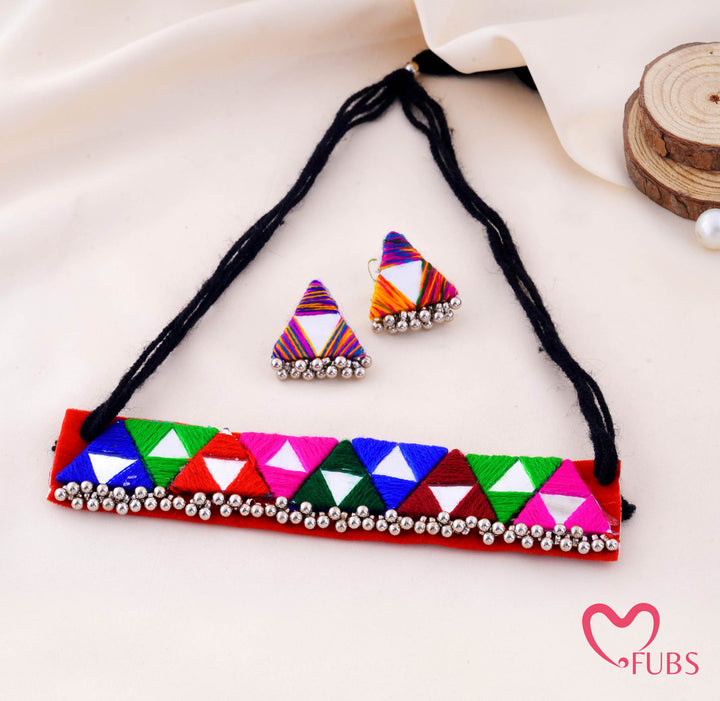 Thread Wrapped Triangle Mirror Choker With Beaded Fringe Earrings