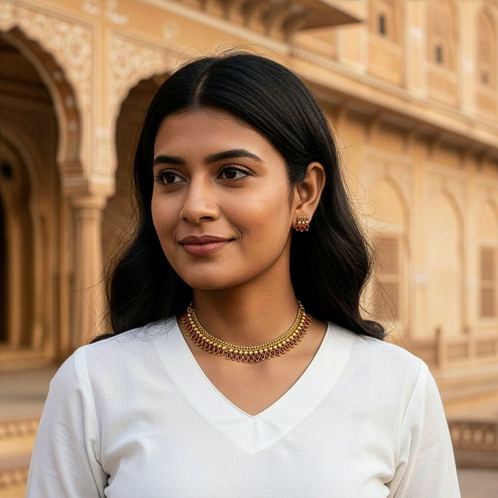 Traditional Beaded Choker with Leaf Motif Stones