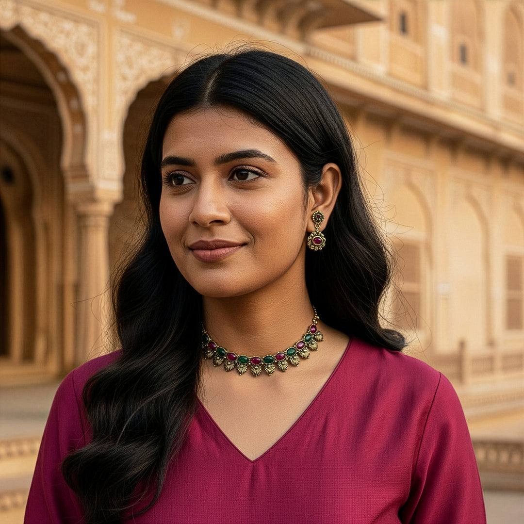 Traditional Antique Gold Plated Sunburst Necklace Set