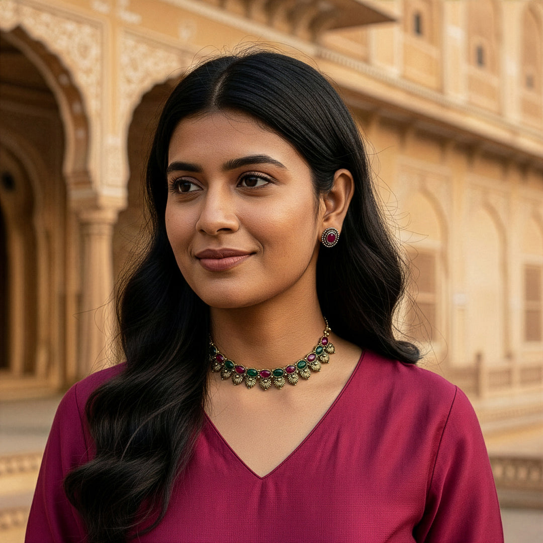 Traditional Antique Gold Plated Choker Set with Maroon & Green Stones
