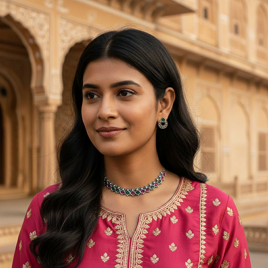 Traditional Oxidized Finish Choker Necklace Set with Aesthetic Stud Earrings