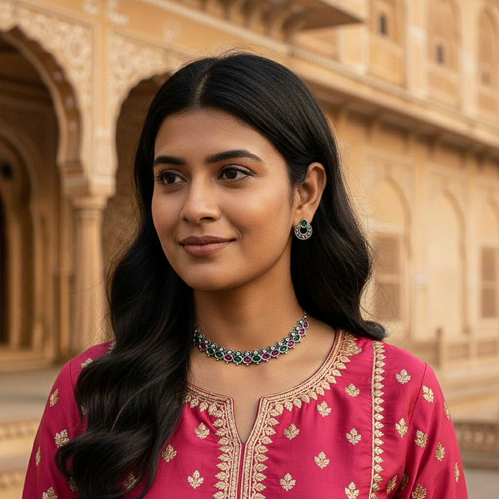Traditional Oxidized Finish Choker Necklace Set with Aesthetic Stud Earrings