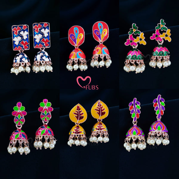 Set Of 6 Floral Meenakari Earrings With Free Bracelet