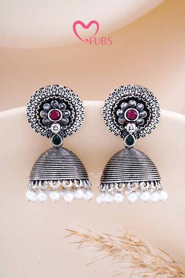 Maroon & Green Oxidized Silver Shimmer Jhumkas