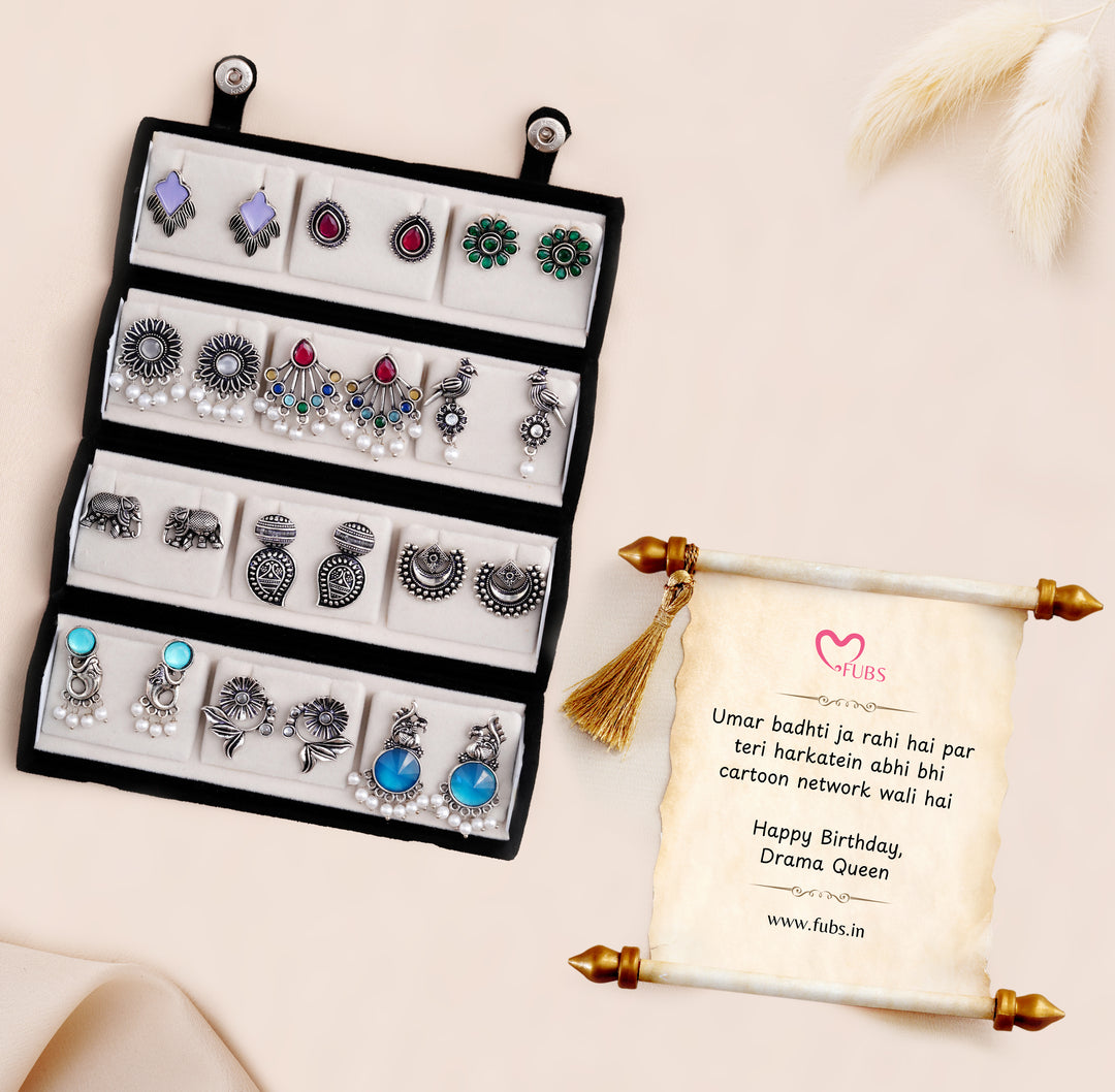 Set Of 12 Oxidized Designer Stud Earrings With Folding Jewelry Box