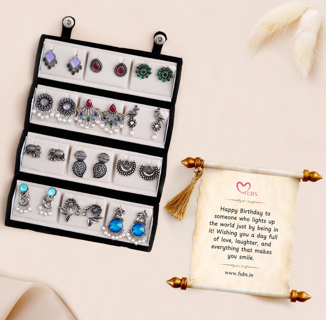 Set Of 12 Oxidized Designer Stud Earrings With Folding Jewelry Box