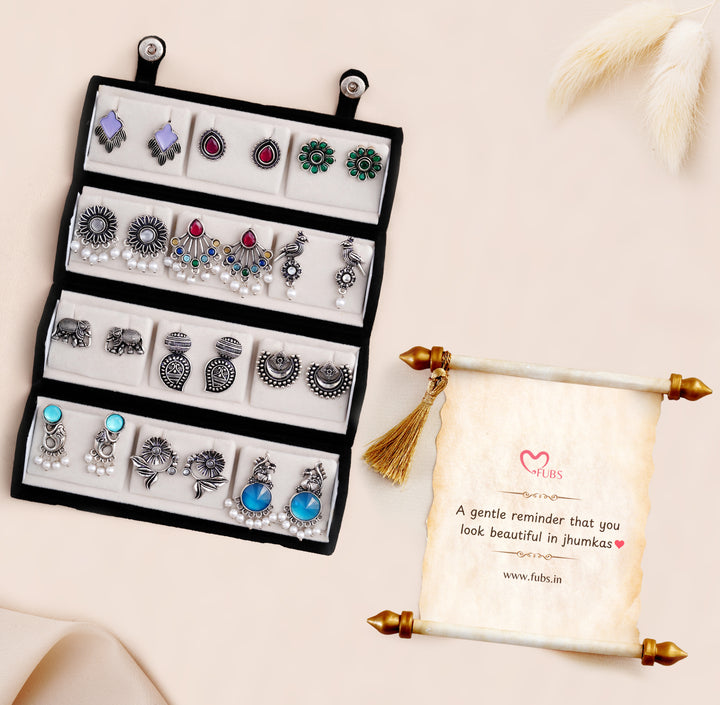 Set Of 12 Oxidized Designer Stud Earrings With Folding Jewelry Box