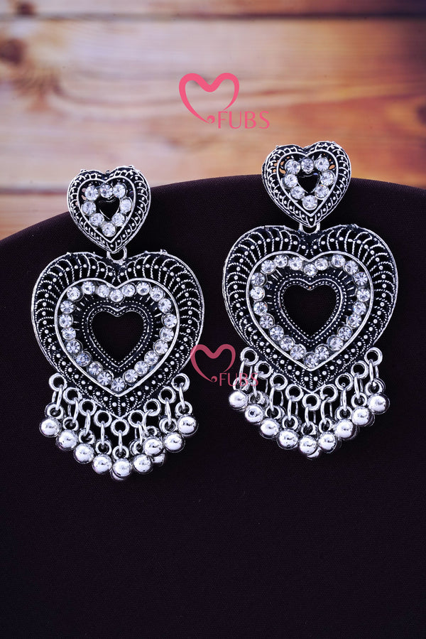 Oxidized Heart Shape Stone Studded Earrings