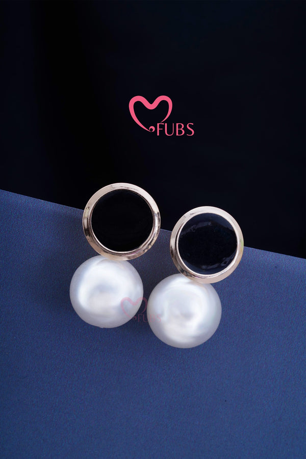 Onyx Round Stud White Pearl Drop Earrings