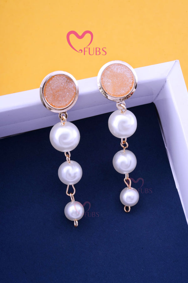 Gold Dangling Long White Pearl Earrings