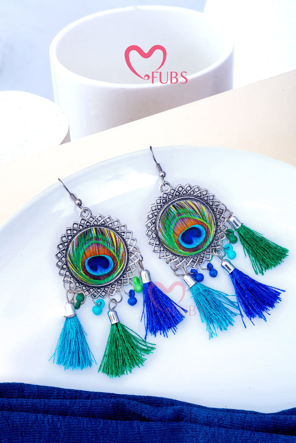 Peacock feather Tassel Hook Earrings